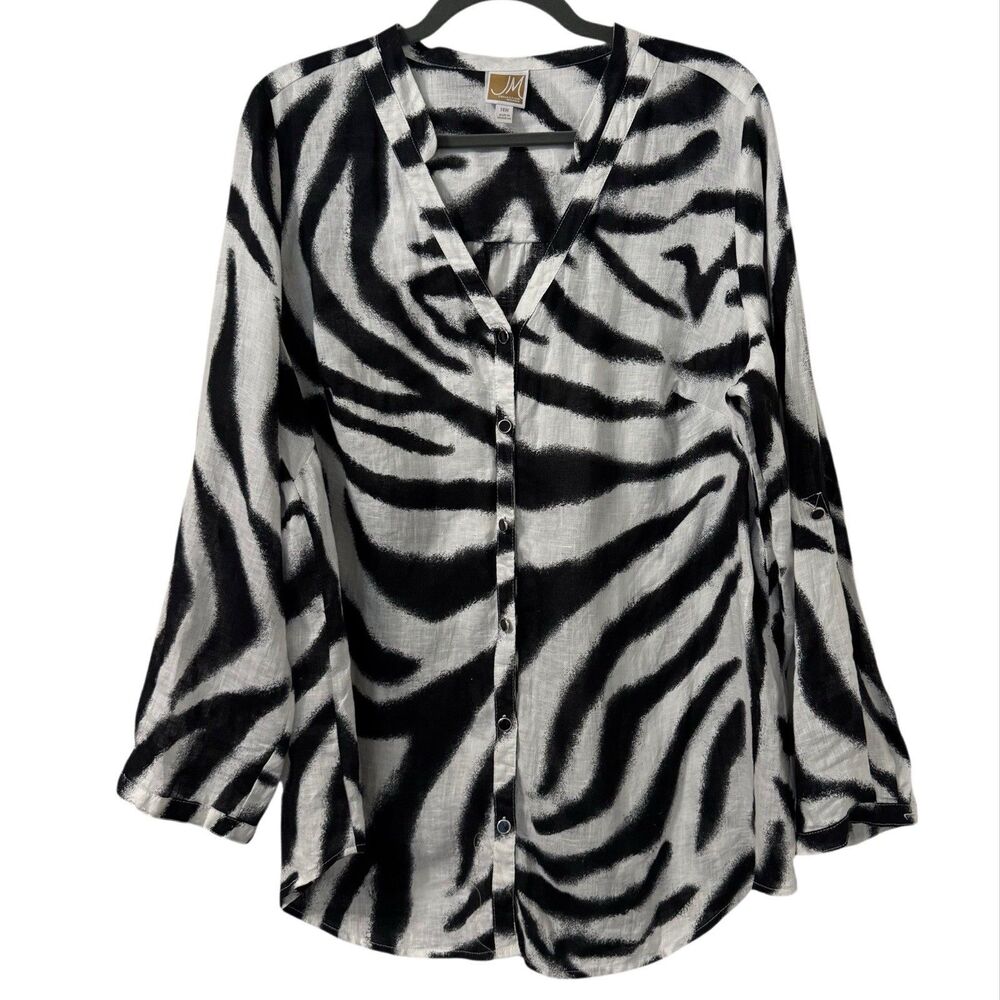 JM Collection Linen Blouse Size 14W Black White Print Button Up Roll Tab Sleeve